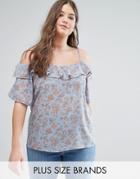 Alice & You Floral Cold Shoulder Woven Top With Ruffle - Blue