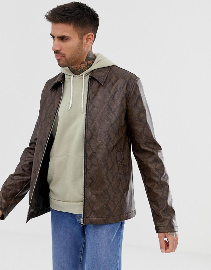 Asos Design Zip Through Jacket In Snakeskin - Tan