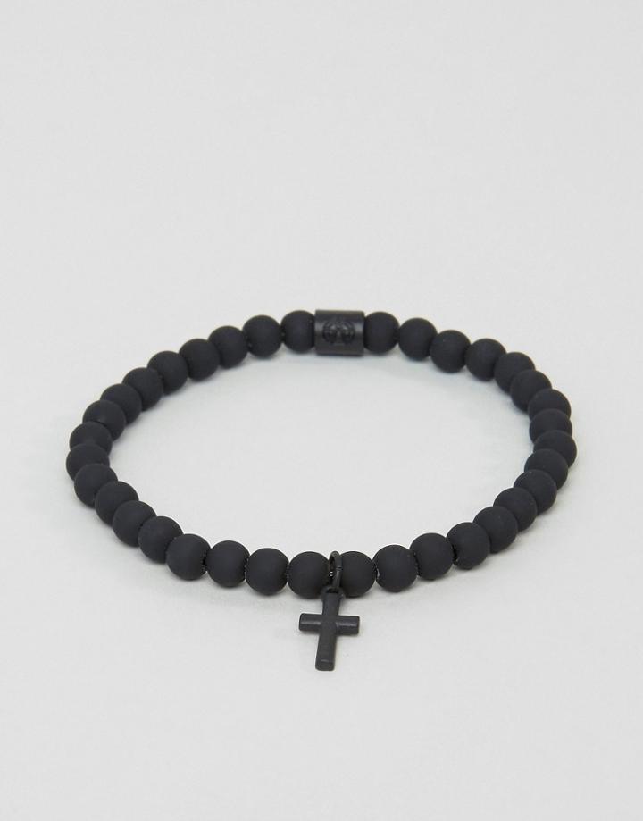 Chained & Able Slim Beaded Bracelet With Hanging Cross In Black - Black
