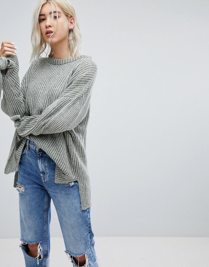 Pull & Bear Ribbed Knit Sweater With Tie Sleeve - Red