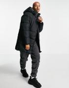 Asos Design Longline Puffer Jacket With Detachable Hood In Black