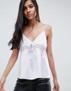 Asos Design Satin Cami With Ruched Tie Front - Silver