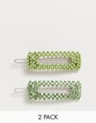 Asos Design Pack Of 2 Hair Clips In Green Pearl And Crystal - Silver