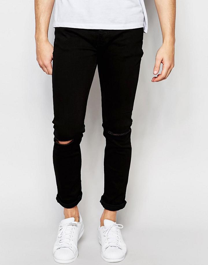 Threadbare Skinny Jeans With Knee Rip - Black