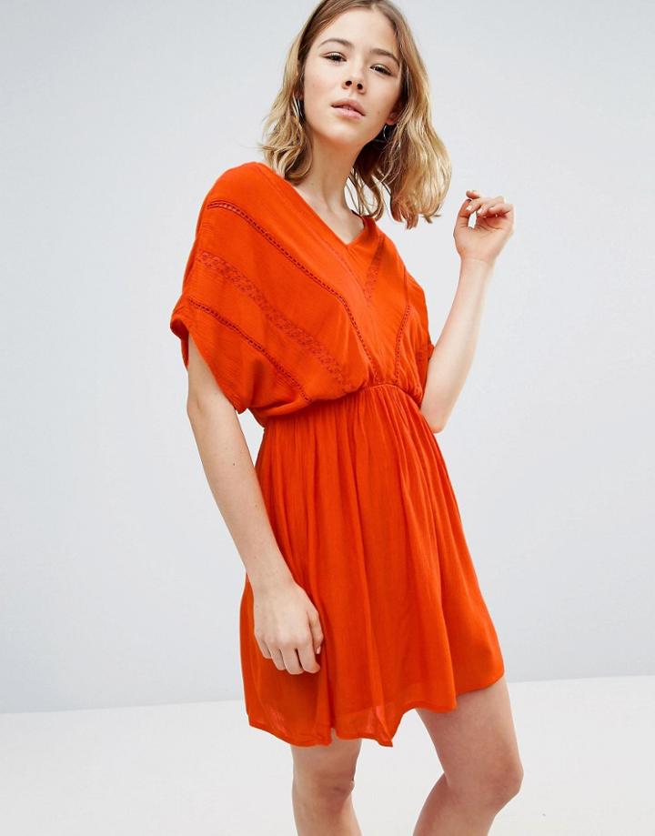 Vero Moda Short Sleeve Skater Dress With Elasticated Waist And Lace Detail - Orange