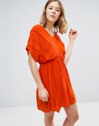 Vero Moda Short Sleeve Skater Dress With Elasticated Waist And Lace Detail - Orange