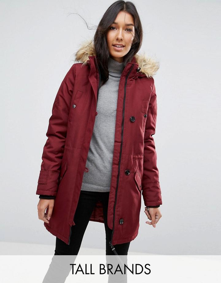 Vero Moda Tall Parka With Faux Fur Hood - Purple