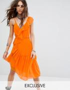 Sacred Hawk Festival Wrap Front Cami Dress With Asymmetric Ruffle Trim - Orange