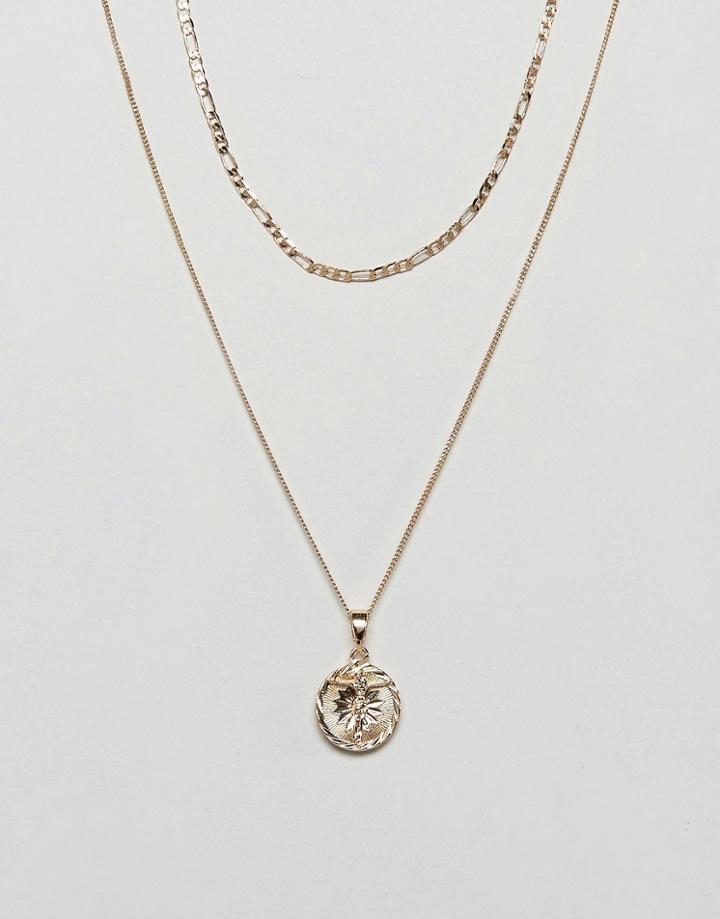 Chained & Able Gold Mini Crucifix Medallion Figaro Pack Necklace In Gold Exclusive To Asos - Gold