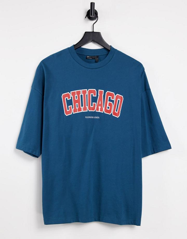 Asos Design Oversized Organic T-shirt In Blue With Chicago City Print-green
