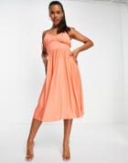 Asos Design Spaghetti Strap Ruched Bust Midi Dress In Coral-orange