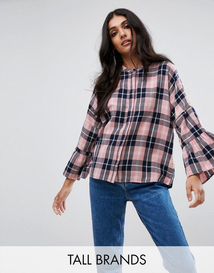 Noisy May Tall Check Top With Peplum Sleeve - Pink