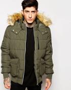 Asos Short Quilted Parka With Faux Fur Hood In Green - Green