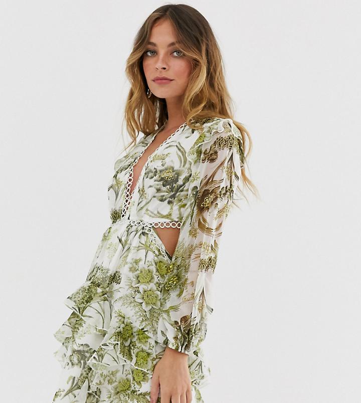 Asos Design Petite Long Sleeve Mini Dress In Floral Print With Cluster Embellishment Detail And Circle Trims - Multi