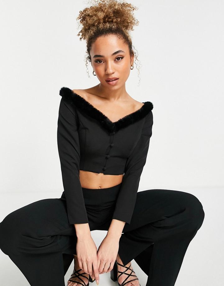 Asos Design Crop Off Shoulder Top With Faux Fur Trim In Black