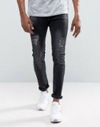 Just Junkies Sicko Slim Fit Jeans With Rips In Washed Black - Black