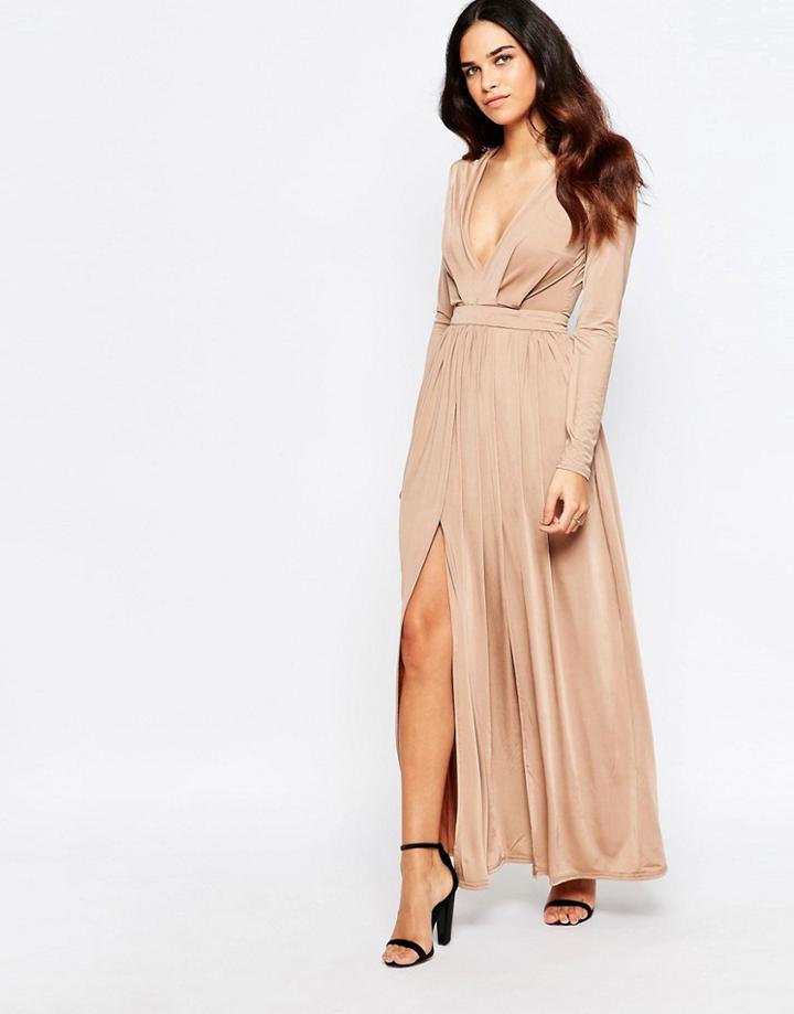 Sistaglam Skylar Wrap Front Maxi Dress With Thigh Split - Camel