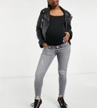 River Island Maternity Amelie Overbump Ripped Raw Hem Skinny Jeans In Gray-grey