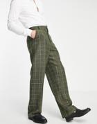Asos Design High Waist Wide Leg Pants In Green Wool Mix Window Check