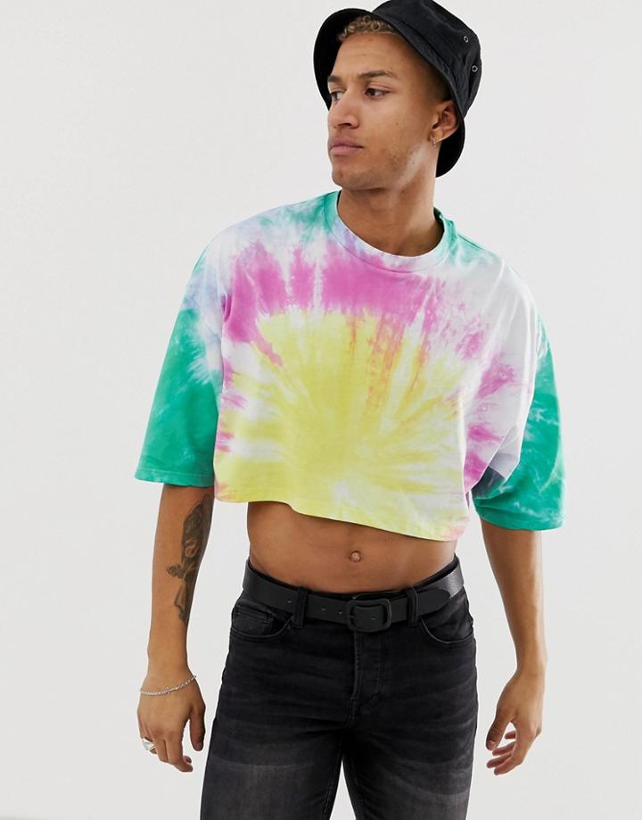 Asos Design Oversized Cropped T-shirt With Half Sleeve In Bright Tie Dye Wash - Multi