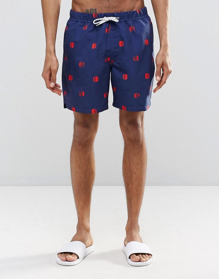 Asos Mid Length Swim Shorts With Polka Dot Print & Drawcord Detail - Navy