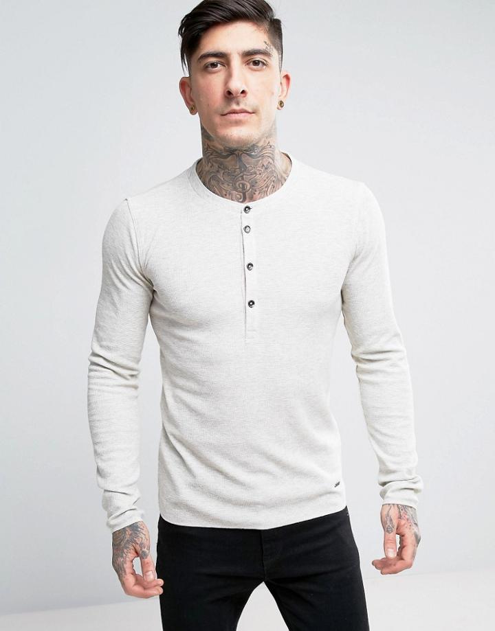 Boss Orange By Hugo Boss Long Sleeve Henley Slim Fit Waffle - Beige