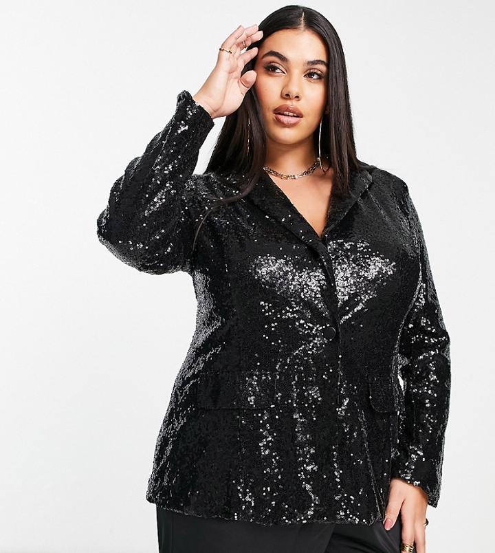 Saint Genies Plus Sequin Blazer In Black Sequin - Part Of A Set