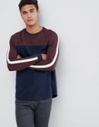 Asos Design Longline Long Sleeve T-shirt With Curved Hem And Contrast Yoke In Navy