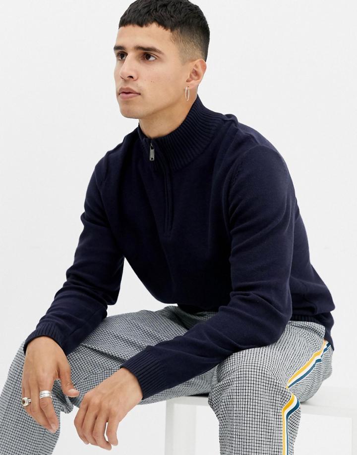 Jack & Jones Premium Funnel Neck Half Zip Knit - Navy