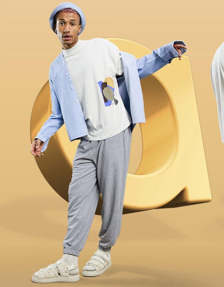 Asos Design Oversized T-shirt In Light Gray With Turtle Neck And Front Abstract Print-grey
