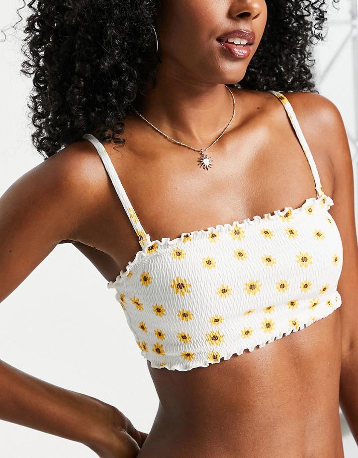 Monki Recycled Shirred Bikini Top In Sunflower Print-multi