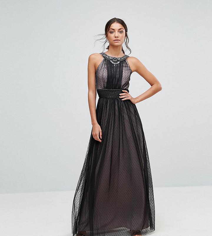 Little Mistress Tall Embellished Top Dotty Mesh Maxi Dress - Black