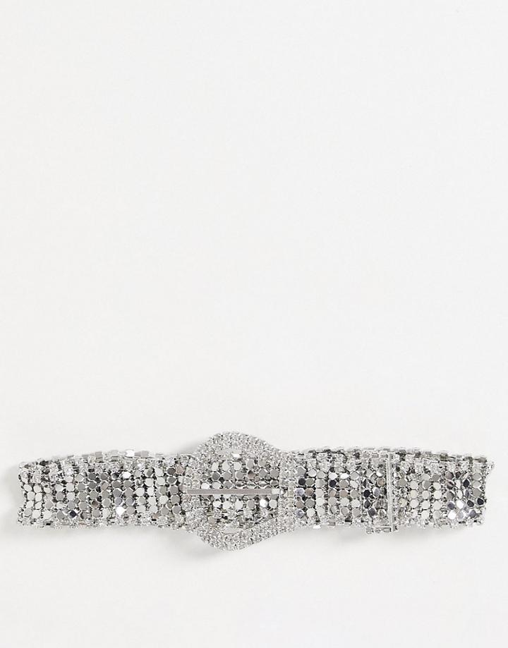 Asos Design Chainmail And Diamante Western Belt In Silver