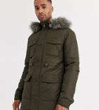 Asos Design Tall Hooded Parka With Detachable Faux Fur Trim In Khaki-green