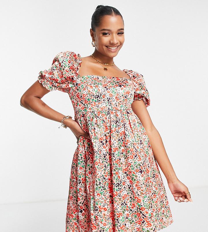 Collective The Label Petite Exclusive Structured Mesh Smock Dress In Rose Print-multi