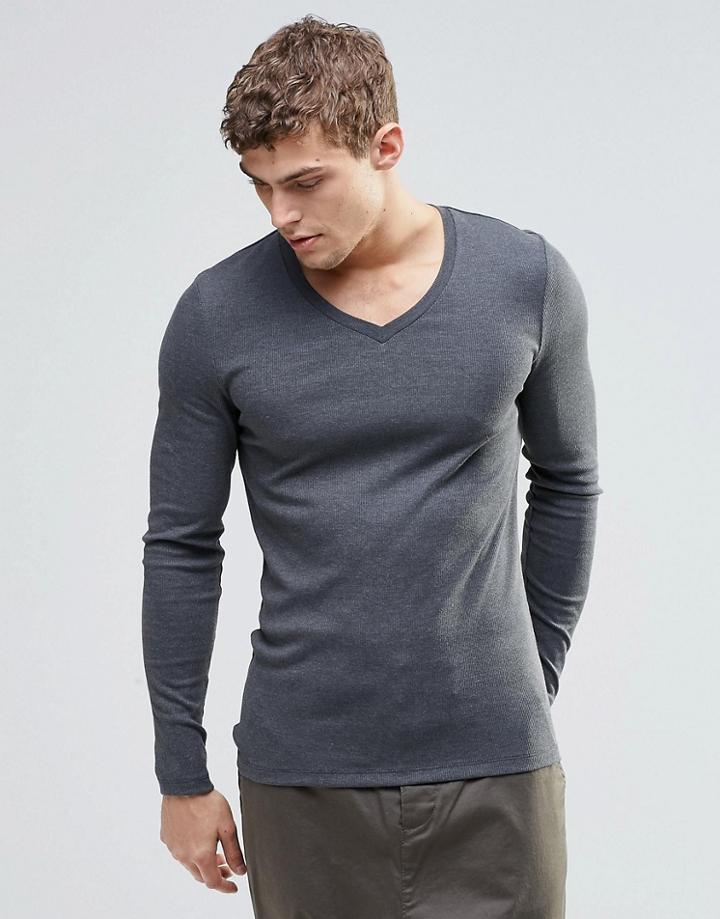 Asos Rib Extreme Muscle Long Sleeve T-shirt With V-neck Charcoal - Charcoal