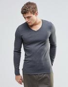 Asos Rib Extreme Muscle Long Sleeve T-shirt With V-neck Charcoal - Charcoal