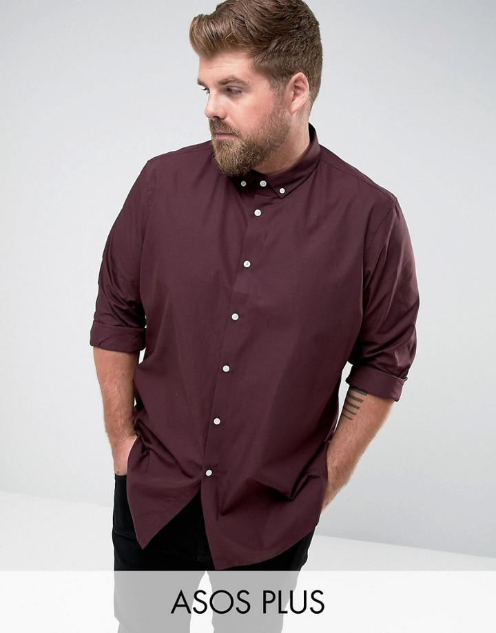 Asos Plus Regular Fit Shirt With Button Down Collar In Burgundy - Red