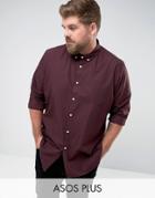 Asos Plus Regular Fit Shirt With Button Down Collar In Burgundy - Red