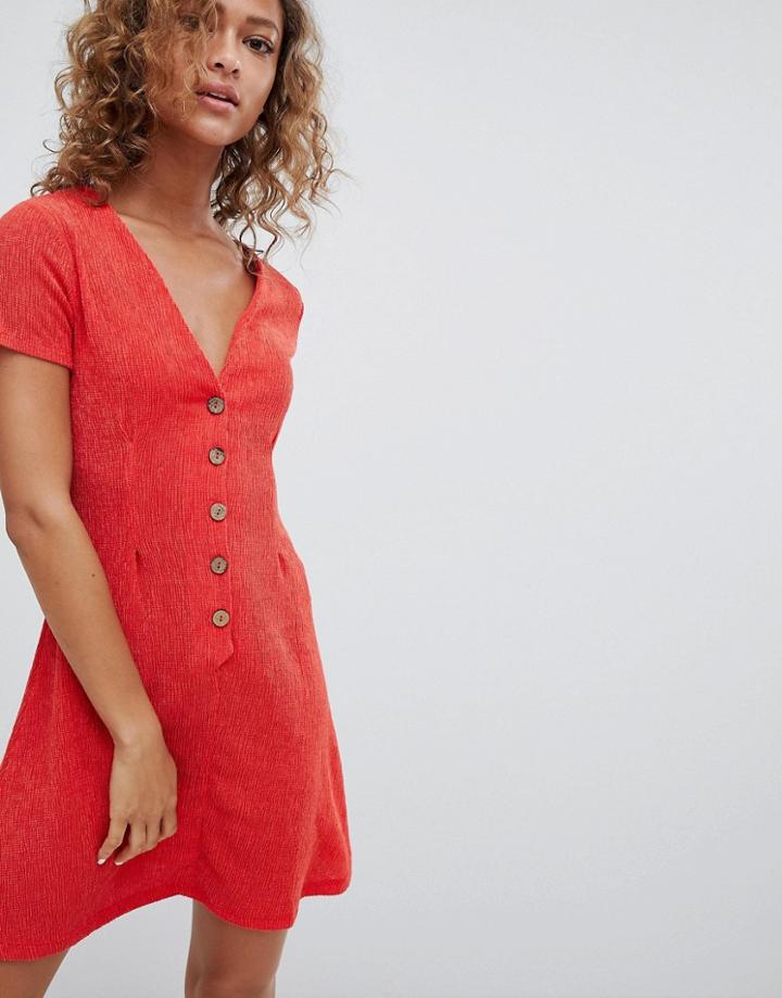 Pull & Bear Button Detail Mini Swing Dress In Red - Red