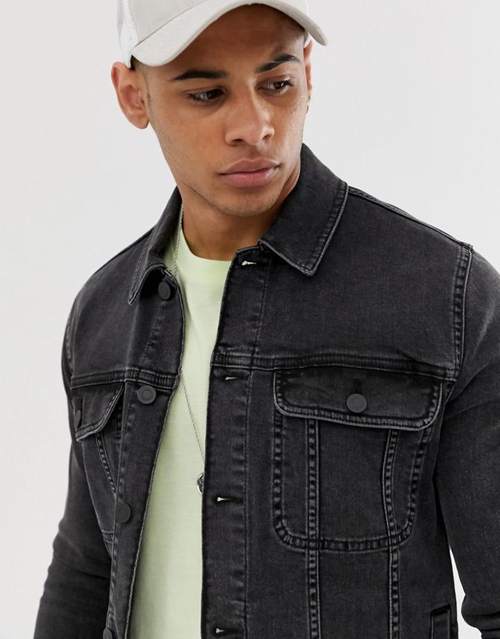 Asos Design Skinny Western Denim Jacket In Washed Black - Black