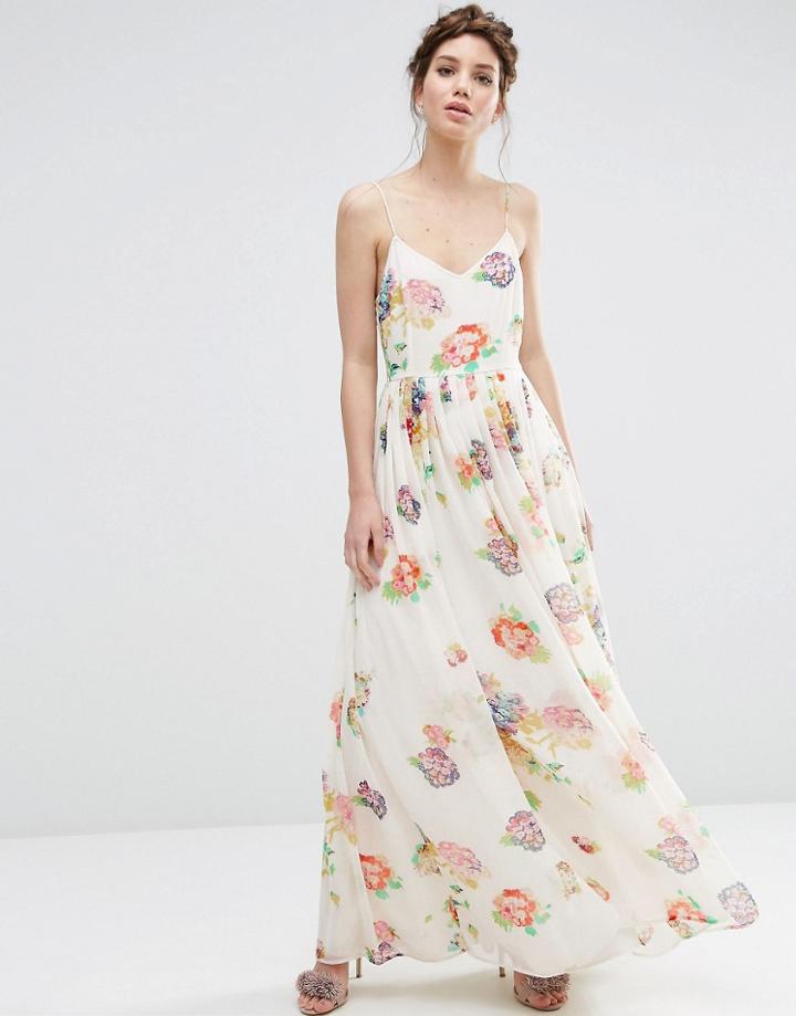 Asos Strappy Pleated Maxi Dress In Floral Print - Cream