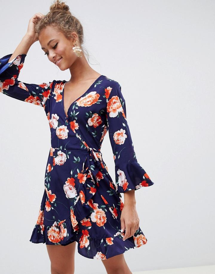 Influence Floral Print Ruffle Detail Wrap Dress - Black
