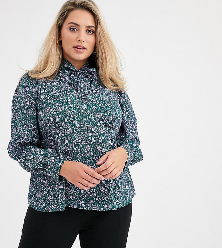 Fashion Union Plus Bow Neck Blouse With Balloon Sleeve-green