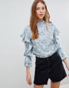 Influence High Neck Floral Blouse With Sleeve Detail - Blue