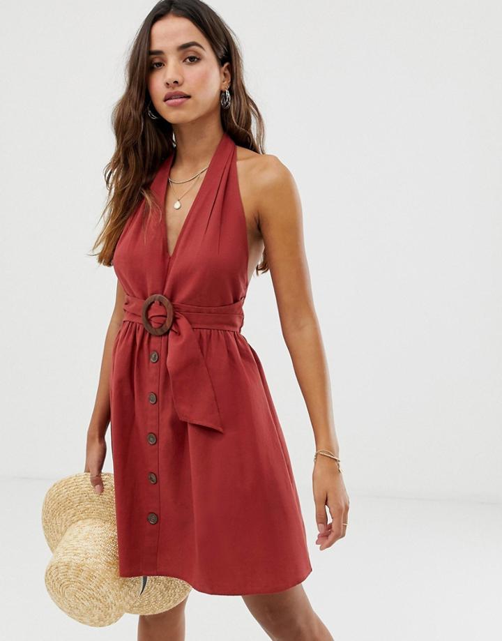 Asos Design Halter Neck Mini Button Through Linen Sundress With Buckle-red