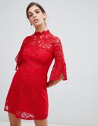 Qed London 3/4 Sleeve Lace Dress - Red