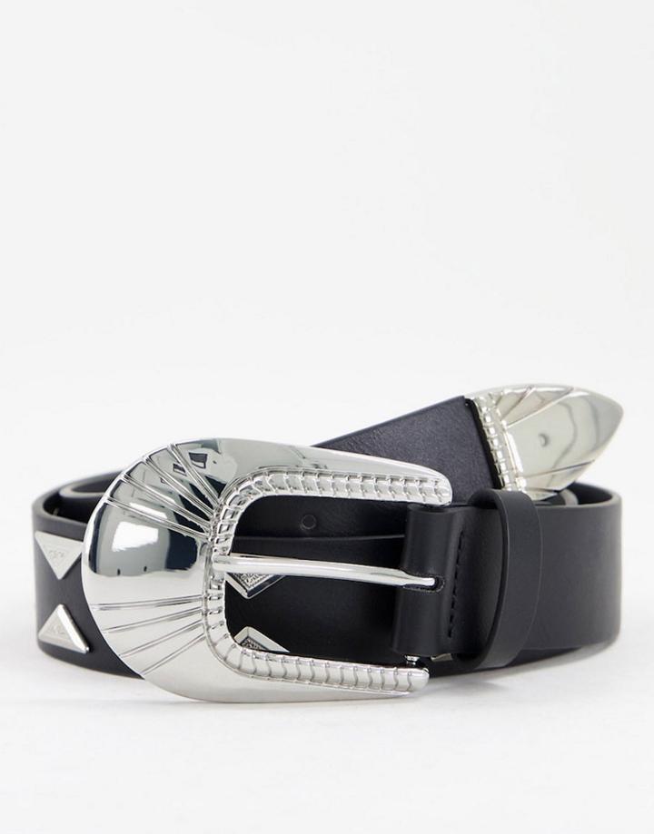 Asos Design Slim Belt In Black Faux Leather With Studding And Western Buckle