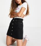 Asos Design Petite Denim Button Front Skirt In Black With Tobacco Stitch
