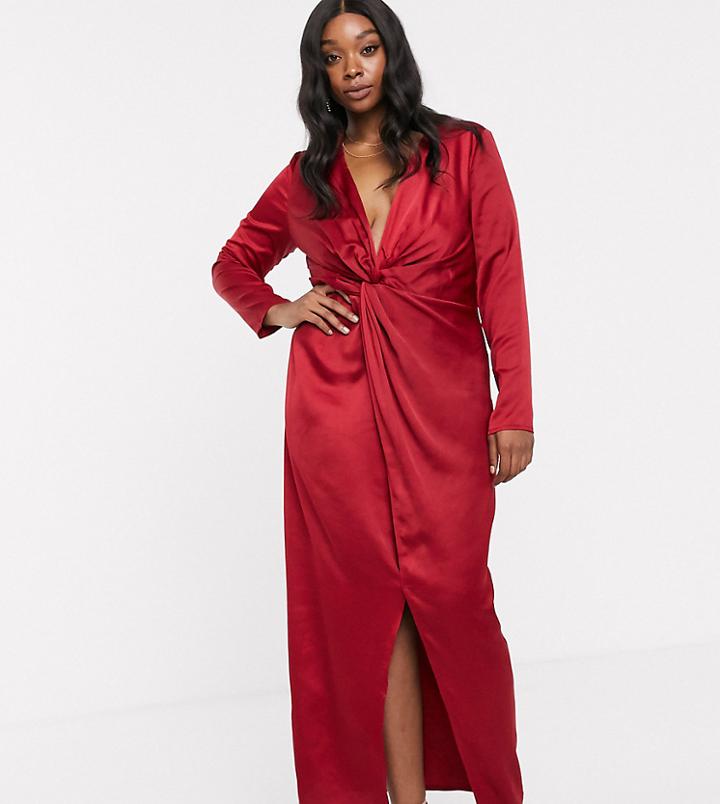 Little Mistress Plus Satin Wrap Maxi Dress In Ruby
